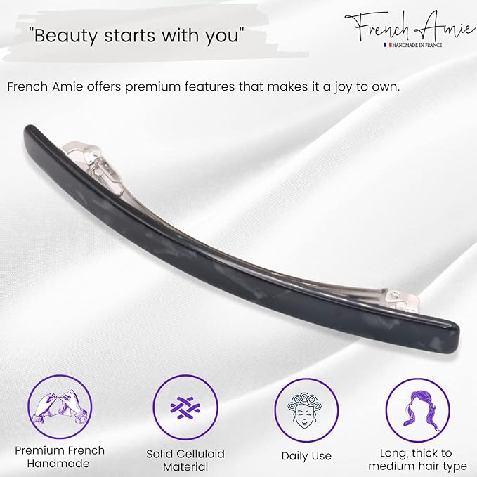 French Amie Long and Thin Large 4" Celluloid Handmade No Slip Durable Hair Barrette Clip for Women, Made in France (Black Nycra)
