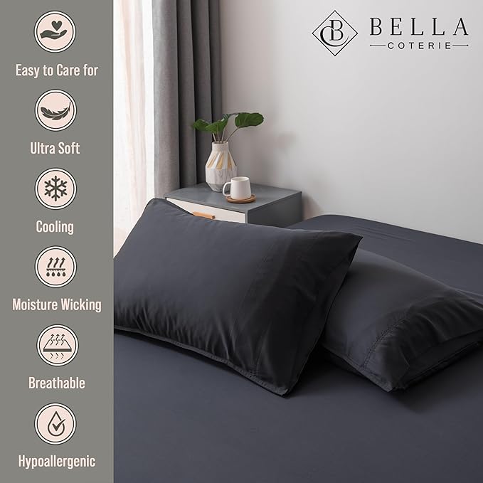 Bella Coterie | Luxury Bamboo Standard Size Pillowcase Set | 100% Organically Grown Bamboo Viscose | Ultra Soft | Cooling | 2 Pcs [Black]