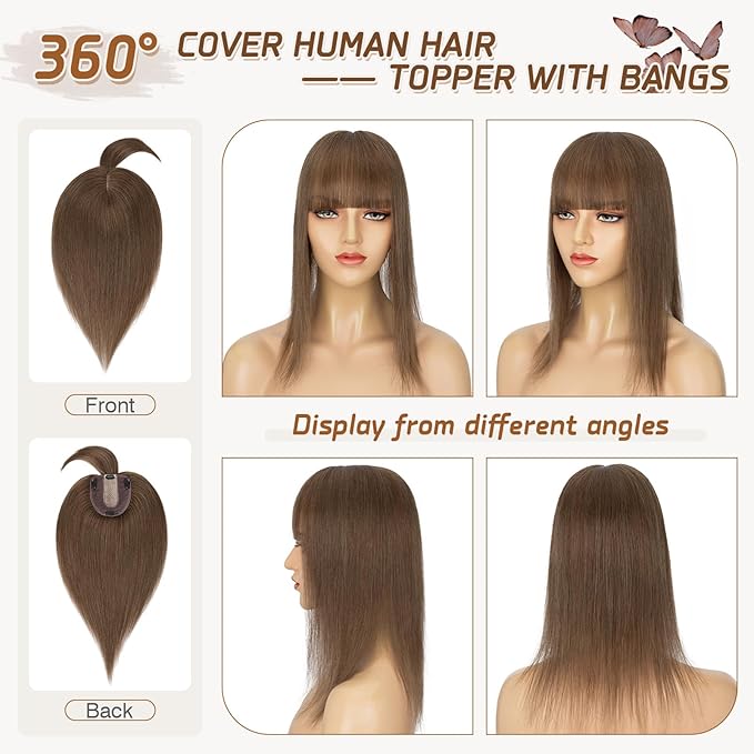 Rich Choices Real Human Hair Toppers for Women With Bang 100% Remy Human Hair Topper for Thinning Hair Clip in Silk Base Hair Topper 6 Inch #4R Chestnut Brown