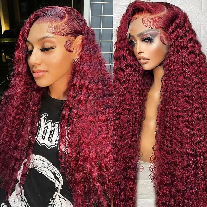 BVLBVL 38 Inch 99j 13x6 HD Lace Front Wigs Human Hair 250% Density Deep Wave Lace Front Wigs Pre Plucked Burgundy Wig Human Hair Wet And Wavy No Tangle No Shedding Triple Lifespan 3x