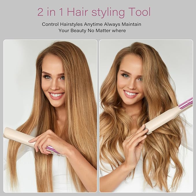 Hair Straightener,1.25” Flat Iron and Curler 2 in 1, Ceramic Coating,Quick Heat Up, 4 Temp. Options, for All Hair Type,Less Frizz, Shinier and Smoother,Dual Voltage for Travel (Cream)