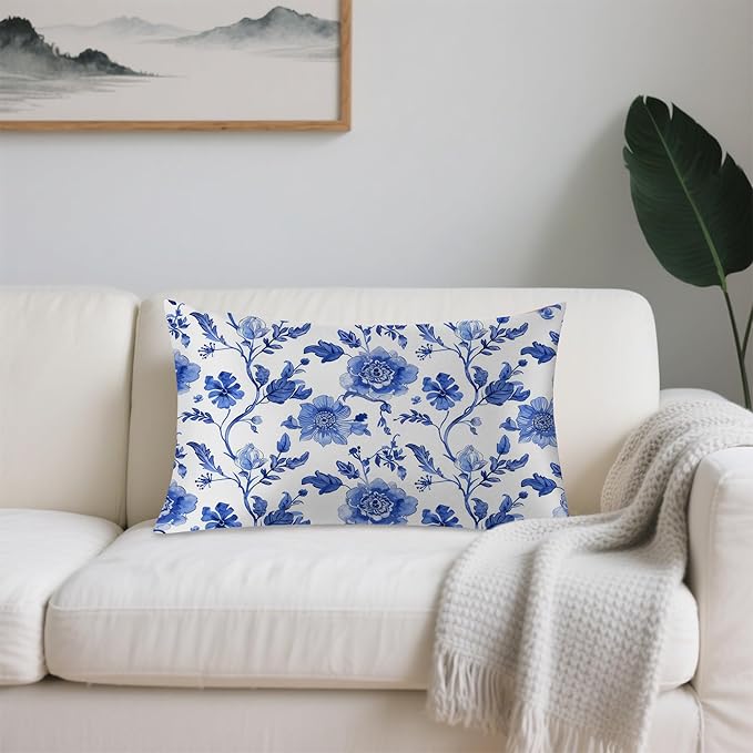Satin Pillowcase 1 Pack-Vintage Blue Floral Silky Pillow Cover for Hair and Skin,King Size 20x36 Inch Soft Cooling Printed Pillow Cases with Hidden Zipper,Gifts for Women Men
