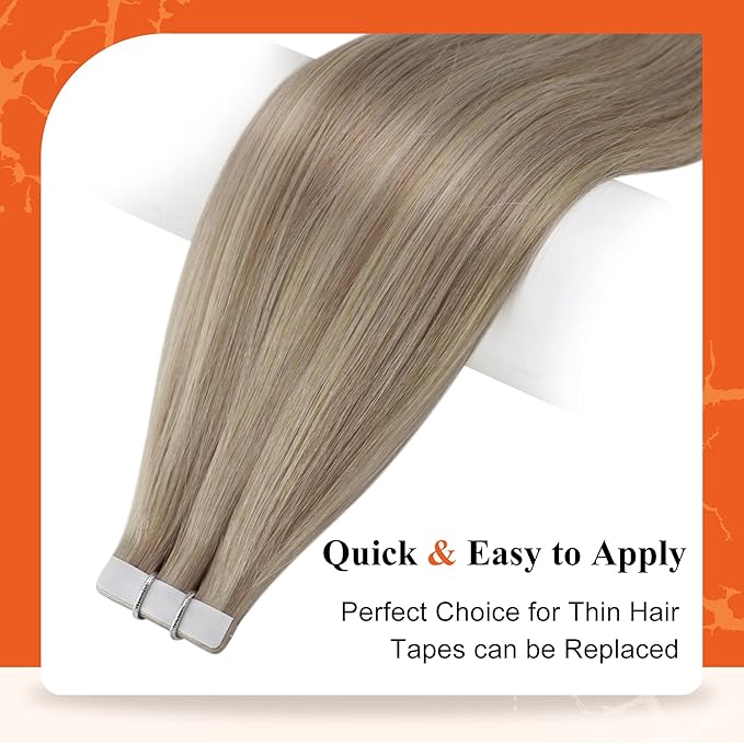 Full Shine Tape in Hair Extensions Human Hair Color 18 Ash Blonde Highlight 613 Blonde Invisible 22Inch Seamless Tape in Extensions Double Sided Remy Human Hair 50Gram Glue in 20 Pcs for Short Natural