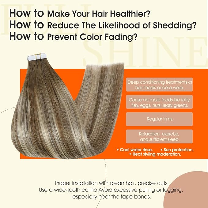 Full Shine Balayage Tape in Hair Extensions Real Human Hair 20 Inch Tape in Extensions Chestnut Brown Ombre to Platinum Blonde Highlighted Brown Adhesive PU Tapes ins 20Pcs Thick End for Women 50G