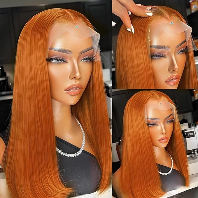 Ginger Orange Bob wig Human Hair 350# Colored Bob Wig 13x4 HD Transparent Lace Frontal Wigs Human Hair Straight Short Bob Wigs for Black Women (12inch, Ginger Bob Wig)