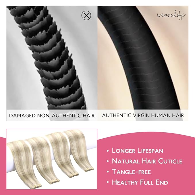 WENNALIFE Tape in Hair Extensions Human Hair Ash Blonde Highlighted Platinum Blonde Tape in Extensions, 10pcs 30g 20 inch Remy Invisible Tape Ins Straight Soft Real Human Hair Tape in Extensions