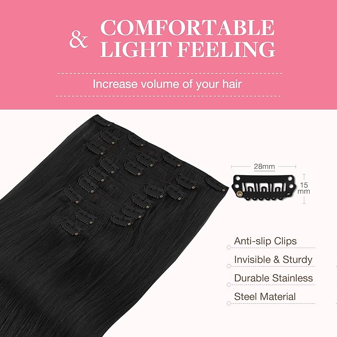 GOO GOO Clip in Hair Extensions Real Human Hair, Remy Human Hair Extensions Clip ins for Women, Natural Human Hair, 24inch 240g 9Pcs, #1 Jet Black