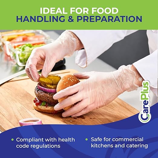 CARE PLUS Latex-Free Vinyl Gloves Clear Medium Size 100 Count | Heavy Duty, Non-Sterile, Powder-Free, Rubber | Food Prep, Kitchen & Cleaning Gloves, Ideal for Professional Use