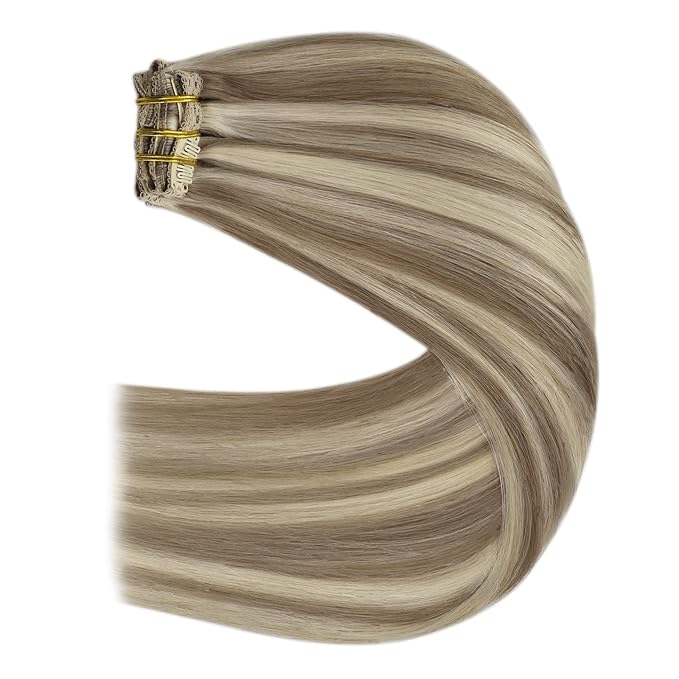 YoungSee Highlight Clip in Human Hair Extensions 22 inch Real Human Hair Extensions Clip ins Blonde Highlights with Light Brown Clip in Extensions Long Straight Hair 7Pcs 120G