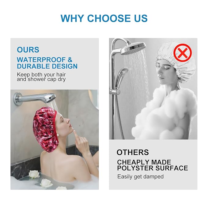 Upgraded Waterproof Terry Shower Caps, Reusable Shower Cap for Women with Long Hair, Soft Absorbent Hair-Protecting Towel Lining Bath Cap, Large Leak-Proof Hair Cap with Fashionable Print Outer-Red