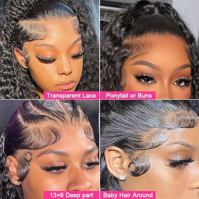 26 Inch 13×6 HD Lace Front Wigs Human Hair Water Wave 200 Density Lace Frontal Wigs Pre Plucked Deep Curly Human Hair Wig for Women Natural Black