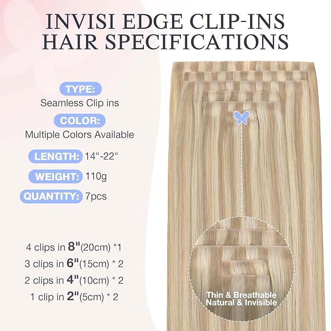 DOORES Invisi Edge Clip in Hair Extensions 16 inch 110g 7pcs, Virgin Real Human Hair PU Clip in Extension Invisible Seamless Thickening Hairstyle, 18A/613A Dark Blonde Highlighted Bleach Blonde