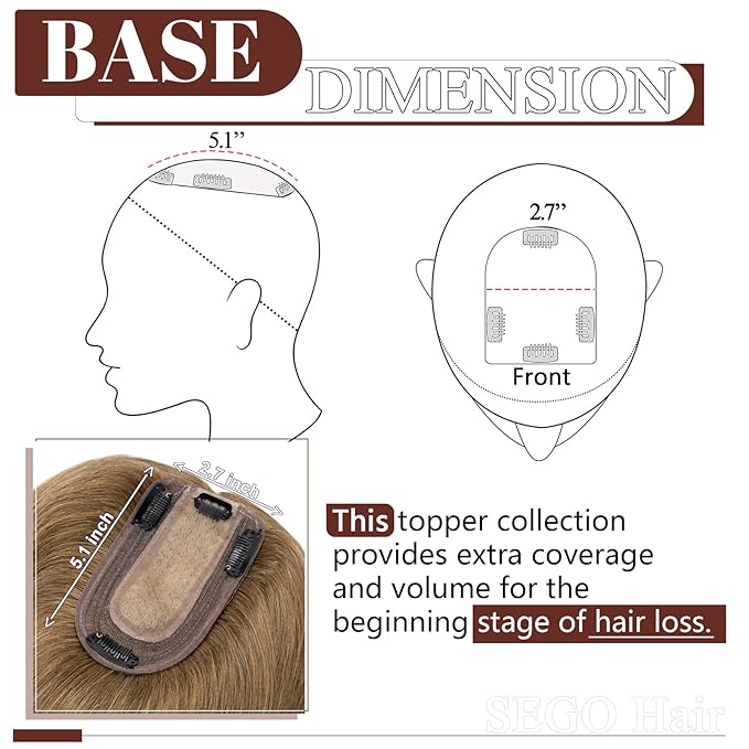 SEGO Real Human Hair Topper for Women, No Bangs Hair Topper with Anti-Slip Clips (6 Inch#6 Light Brown)