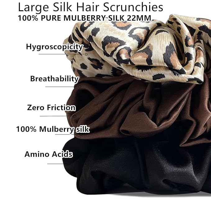 Suncdelv Silk,100% Silk Scrunchies for Hair,22 Momme Hair Ties for Anti-Crease & Breakage,Natural Women Hair Accessories，Fashion Hairbands 3PCS（Leopard print）