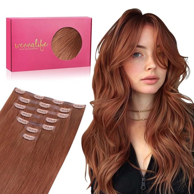 WENNALIFE Seamless Clip In Hair Extensions Human Hair, 24 Inch 160g 7pcs Dark Auburn Copper Real Hair Extensions Clip in Human Hair Invisible PU Skin Weft Natural Remy Human Hair Extensions