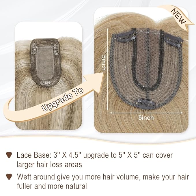 UDU Hair Toppers for Women, Synthetic Fiber, Golden Blonde, Straight, 18 Inch, 5x5 Inch Base, Clip-in Wiglets with Fringe Bangs