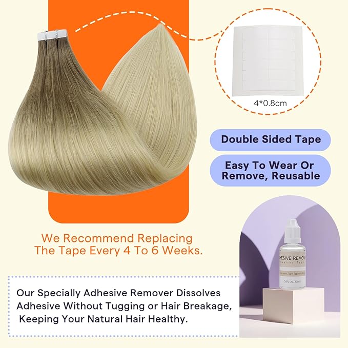Full Shine Tape Ins Human Hair Extensions 20 Inch Color 3 and 8 Brown Fading to 613 Bleach Blonde Seamless Skin Weft Tape in Hair Extensions 50 Grams Natural Straight Remy Hair 20PCS for Wedding