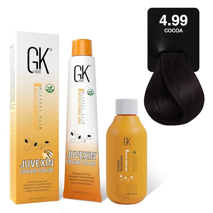 GK HAIR Global Keratin Chocolate 4.99 Cocoa Hair Color Cream Tube (3.4 Fl Oz/100ml) + 20 Volume Developer (5 Fl Oz/150ml) - Professional Permanent Long Lasting Toner Dye