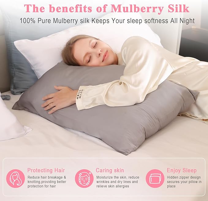 100% Pure Silk Pillowcase 2 Pack for Hair and Skin, Both Sides 23 Momme Grade 6A+ Mulberry Silk Pillowcases with Hidden Zipper, Soft&Smooth Cooling Pillow Cases (Gray, King 20x36)