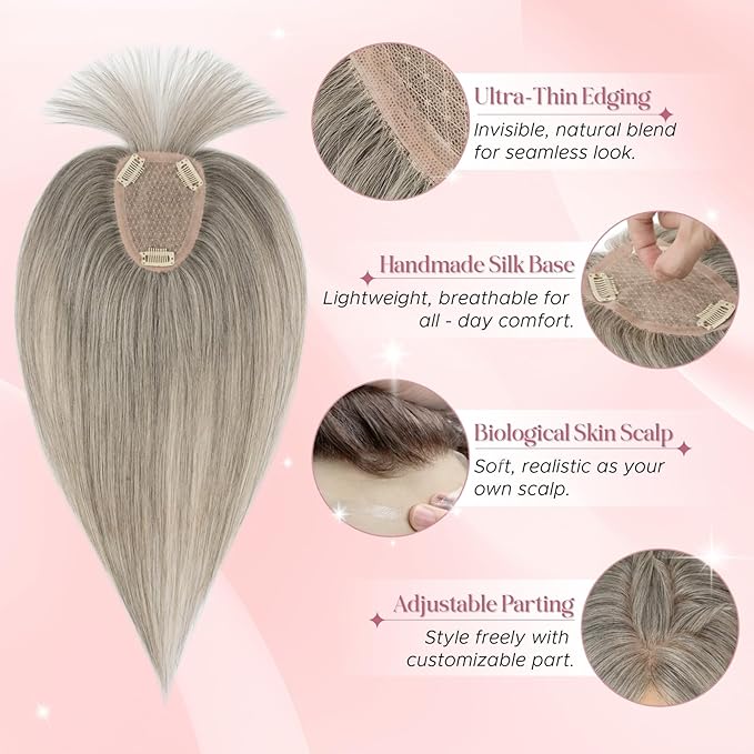 Real Human Hair Toppers for Women 3.54"*4.72" Silky Base 150% Density With Bangs Adjustable Parting Clip-In Topper Hairpieces for Women with Thinning Hair 16 Inches White Mixed Natural Black