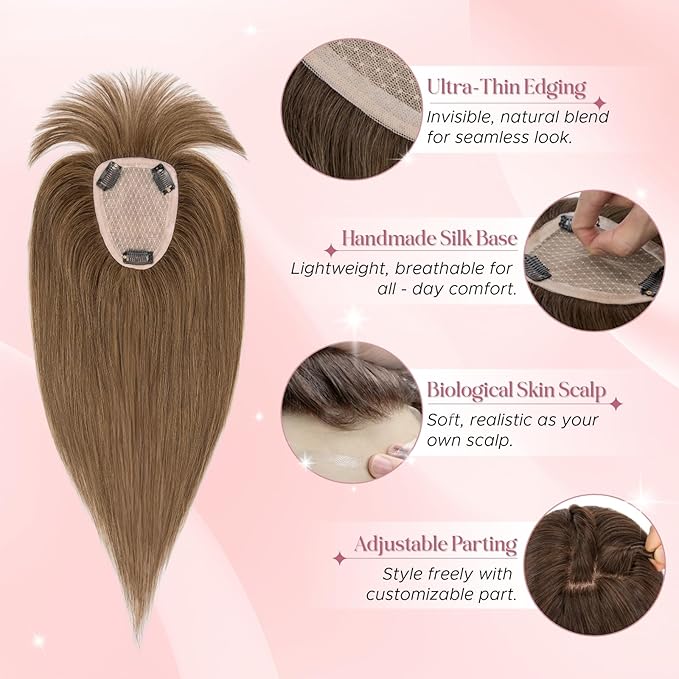 Real Human Hair Toppers for Women 3.54"*4.72" Silky Base 150% Density With Bangs Adjustable Parting Clip-In Topper Hairpieces for Women with Thinning Hair 12 Inches Medium Brown