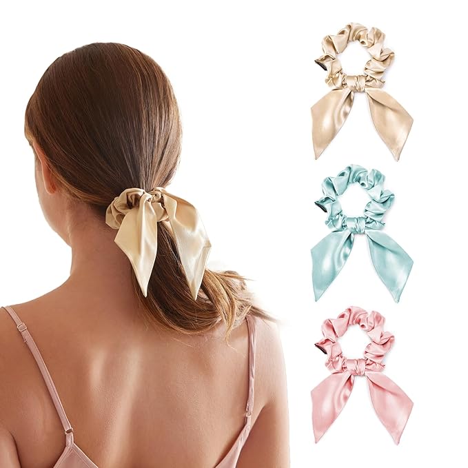 THXSILK 100% Mulberry Silk Bow Scrunchies 3-Pack, 22 Momme Mulberry Silk Hair Ties for Women, Cute Bunny Ear No Damage Ponytail Holders, Fashion Hair Accessories for Girls(M, Light Colors)