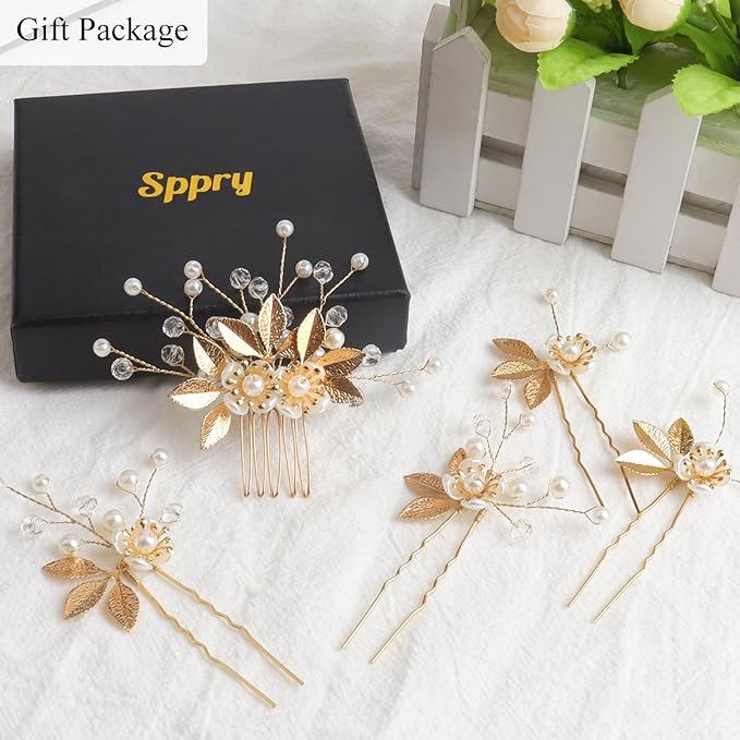 Wedding Hair Pins - Elegant Pearl Leaf Crystal Hair Accessories for Bridal Women (Gold)