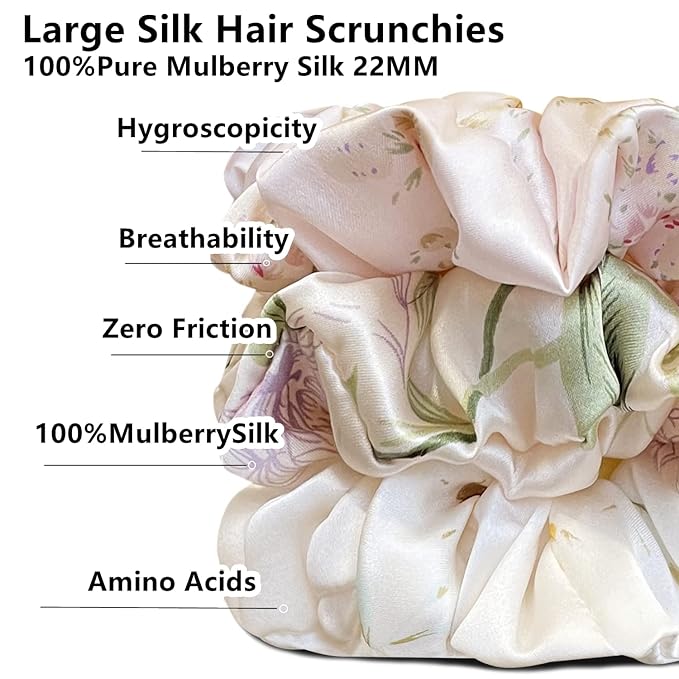 Suncdelv Silk,100% Silk Scrunchies for Hair,22 Momme Hair Ties for Anti-Crease & Breakage,Natural Women Hair Accessories，Fashion Hairbands 3PCS（Flower）