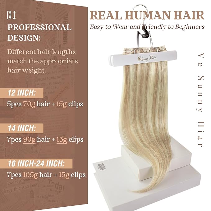 Ve Sunny Human Hair Clip in Extensions Blonde Clip in Hair Extensions Human Hair Highlight Blonde Hair Extensions Real Human Hair Clip ins Thick End 18inch 7pcs 120g