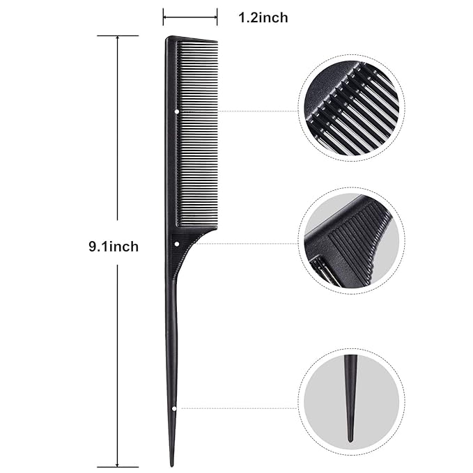 Leinuosen 3 Pack Rat Tail Combs Fine Tooth Parting Tip for Women Carbon Fiber Heat Resistant Anti Static Teasing for Back Combing Root Teasing Adding Volume Evening Styling(Black)