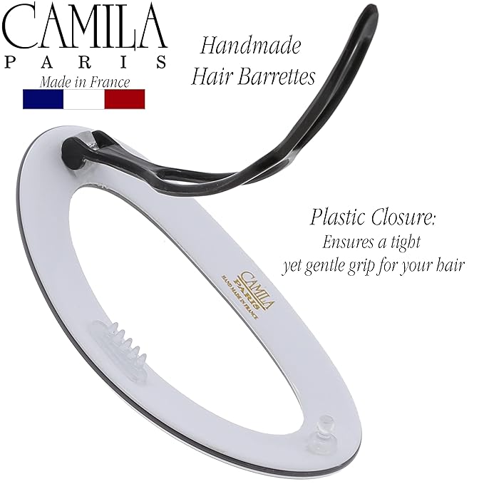 Camila Paris CP3363 French Hair Barrette Clip for Women, Handmade, Gray White, Slide-in Metal-Free Closure, Strong Hold Grip Hair Clips for Girls, No Slip Durable Hair Accessories, Made in France