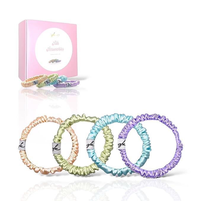 Silk Scrunchies for Women No Damage Mulberry Silk No Slip 4 Pack-Elastic Ponytail Girls Hair Ties | Skinny Hair Ties for Thin Thick Wavy or Curly Hair No Crease for Sleep and Sports (4, Light Pastel)