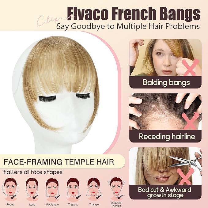 Clip in Bangs, Synthetic Wispy Bangs Hair Clip, Blonde Mix Light Blonde Fake Bangs Fringe with Temples Hairpieces for Women Natural Curved Hair Extensions for Daily Wear