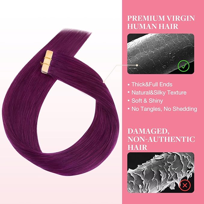 GOO GOO Tape in Hair Extensions Human Hair, Violet, 12inch 20g 10pcs, Colored Tape ins Human Hair Extensions, Silky&Soft Invisible Tape Ins, Hair Highlighted for Party