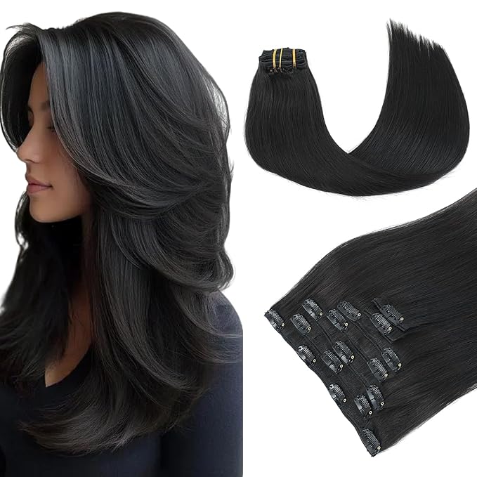 PINKPEARL Clip in Human Hair Extensions #1B Natural Black Clip in Hair Extensions Real Human Hair 14 inch Remy Hair 120g 7pcs Straight Natural Human Hair Clip ins(#1B-14)