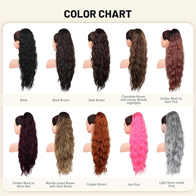 LEEONS 26 inch Drawstring ponytail Extension, Long Wavy pony tails hair extensions for Women - Synthetic Hairpiece Ponytail for Daily Use (Chocolate Brown with Honey Blonde Highlights)
