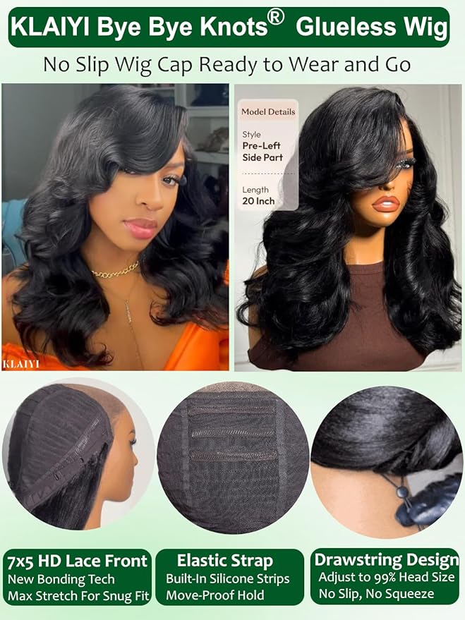 KLAIYI Bye Bye Slip™ Loose Body Wave Wig Layer Side Part 200% Density 7X5 Pre Cut Lace Front Wigs Human Hair Drawstring Glueless 30S Ready to Wear and Go Beginner Wig Pre Plucked Bleached Knots 16Inch