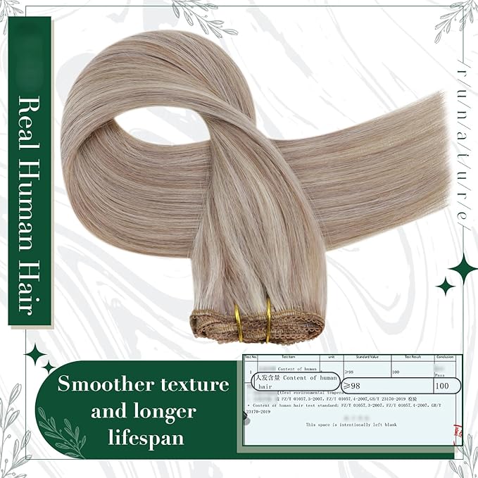 RUNATURE Clip in Hair Extensions Real Human Hair, Blonde Hair Extensions Clip Ins, Double Weft Human Hair Clip in Extensions, Remy Natural Hair, 16 Inch 50g 3pcs #19P60 Grey Blonde Highlights