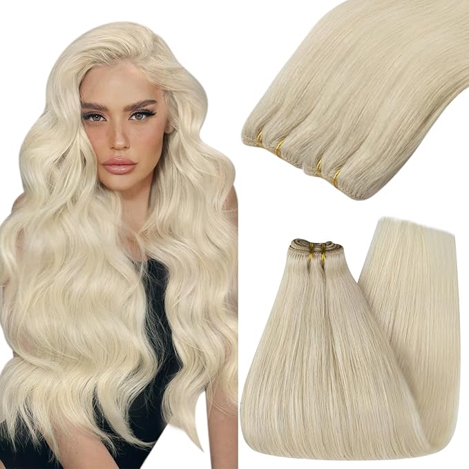 YoungSee 22inch Weft Hair Extensions Human Hair Platinum Blonde Sew in Hair Extensions Blonde Long Hair Extension Sew in One Bundle for DIY 100g