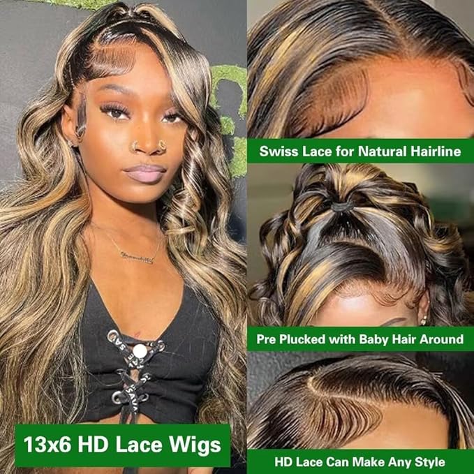 13x6 Body Wave Lace Front Wigs Human Hair 180% Density FB/27 Balayage Highlight Lace Front Wig Human Hair 24 Inch HD Lace Frontal Wigs Glueless Wigs Balayage Wig