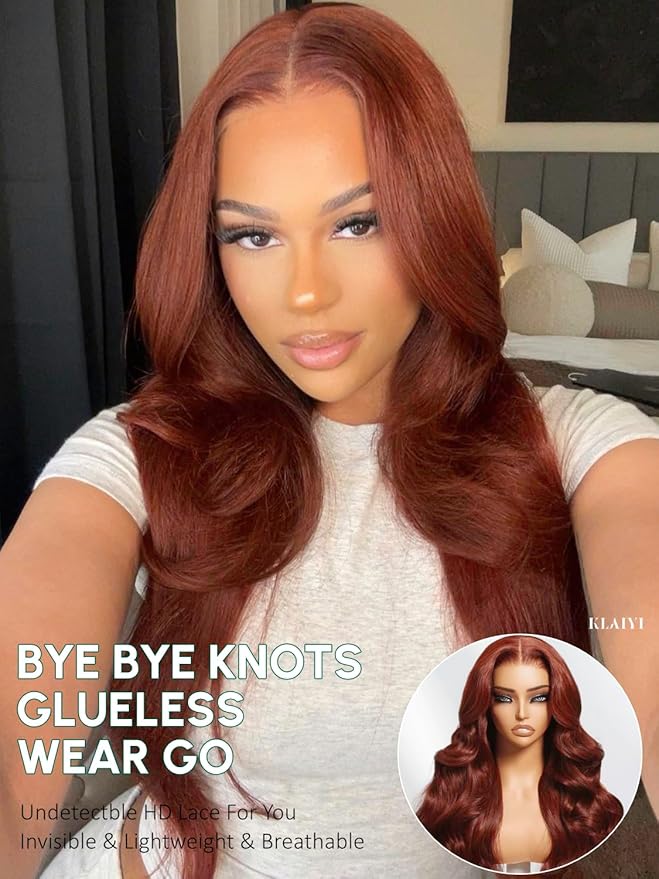 KLAIYI Bye Bye Knots Glueless Wig Reddish Brown Body Wave 7x5 Pre Cut HD Lace Front Wigs Human Hair Put On And Go Wig Pre Bleached Pre Plucked with Baby Hair 30S Ready To Wear 150% Density Full 16Inch