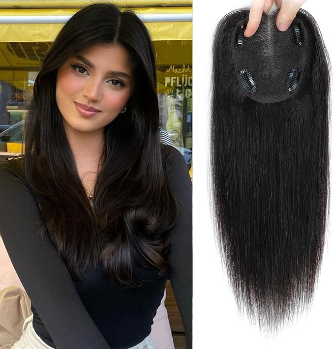 Human Hair Toppers for Women Real HairTopper with Thinning Hair 120% Density Round Shaped Swiss Base Hair Pieces 40g-Natural Black (12inch, 1B)