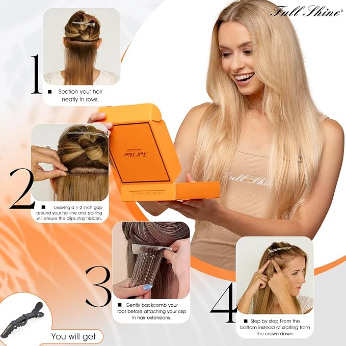 Full Shine Clip in Hair Extensions Ombre Human Hair Dark Brown to Ash Brown With Blonde Real Hair Extensions Clip ins 14 Inch 7 Pcs 120 G
