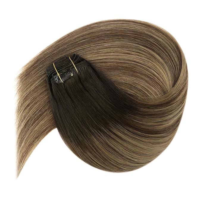 Ve Sunny Clip in Hair Extensions Real Human Hair, Human Hair Extensions Clip ins Black Root Balayage Brown Blonde Remy Hair Extensions, Clip in Human Hair Extensions, 7pcs 120g 18 Inch