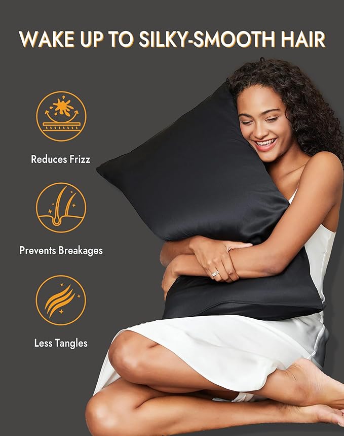 SilkSilky 100% Mulberry Silk Pillowcase - Pure 22 Momme High-Grade 6A Fibers for Hair & Skin, Envelope Closure, Natural, Organic, Breathable & Cooling Pillow Case (King, Black)