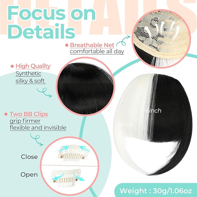 Clip in Bangs, Synthetic French Bangs Hair Clip, Fake Bangs Fringe with Temples Hairpieces for Women Natural Curved Hair Extensions for Daily Wear Black mix White