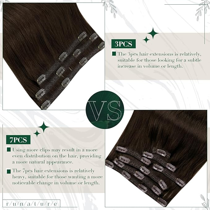 RUNATURE Clip in Hair Extensions Brown, Real Human Hair Clip in Extensions, Short Hair Extensions Clip Ins, Double Weft Remy Natural Hair, Can be Styled, 12 Inch 50g 3pcs #2 Dark Brown