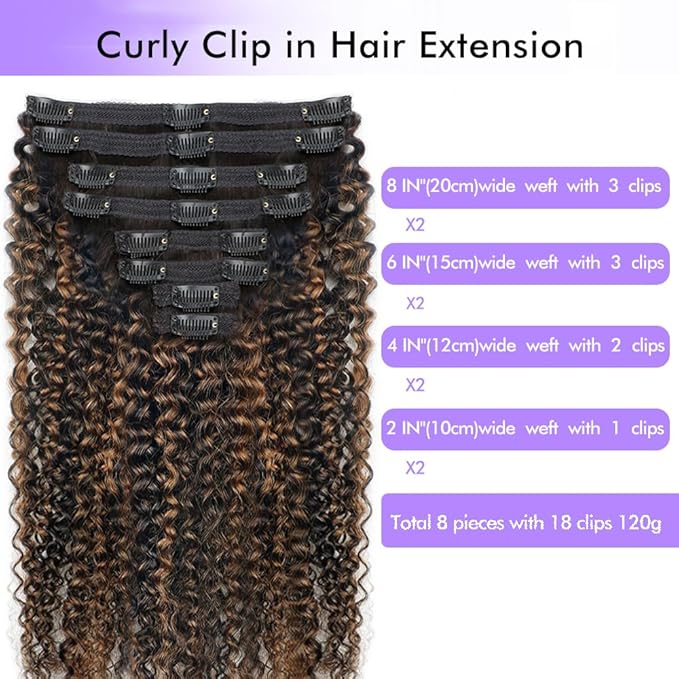 FB30 Highlight Ombre Curly Clip In Extension Human Hair 3C 4A Kinky Curly Clip Ins Full Head for Black Women Brazilian Remy Human Hair Balayage Brown 8Pcs with18clips 120g/Set (16 inch)