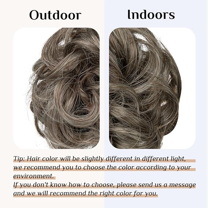 CJL HAIR Large Messy Bun Hair Piece Wavy Curly Scrunchies Synthetic Chignon Ponytail Hair Extensions Thick Updo Hairpieces for Women Pepper Brown