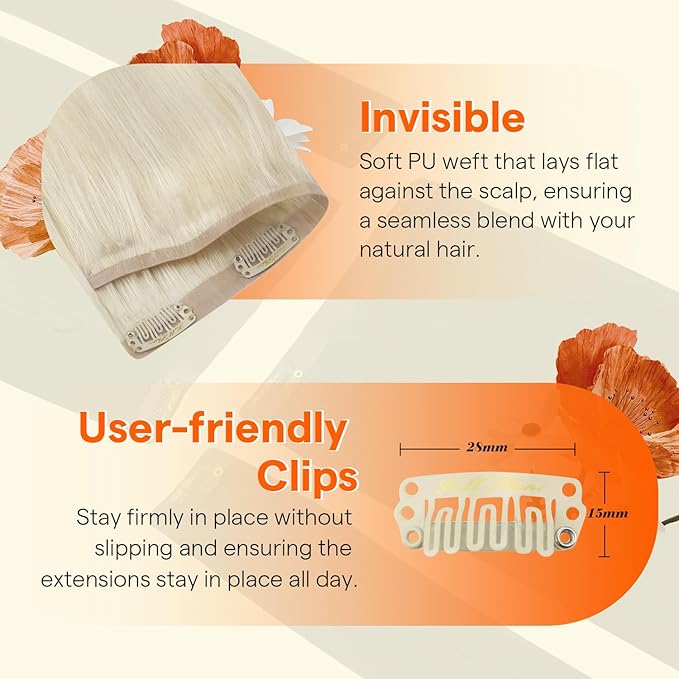 Full Shine Light Blonde Clip in Hair Extensions, Color 1000 Blonde Seamless Clip Ins with PU Weft, Remy Human Hair Extensions for Women, Silky Straight Fill Ins, 4Pcs 16 Inch Thick Ends 65g